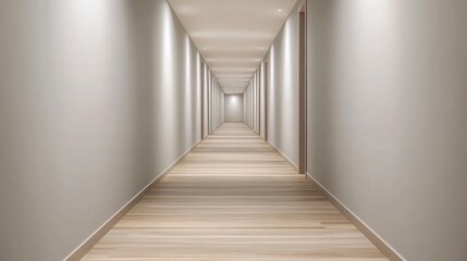 Fototapeta premium Minimalist hallway, soft lighting, neutral walls, wooden flooring, simple decor, spacious and inviting