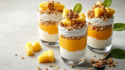 Delicious tropical mango and pineapple parfait with creamy yogurt topped with crunchy granola
