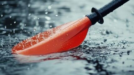 Naklejka premium A vibrant red paddle splashes in the water, creating ripples and droplets, symbolizing adventure and leisure activities on a rainy day.