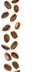 Watercolor seamless vertical border with isolated roasted coffee beans of different shapes and positions