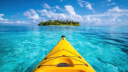 A vibrant yellow kayak glides through clear turquoise waters, offering a mesmerizing view of a tropical island. Ideal for adventure and nature lovers.