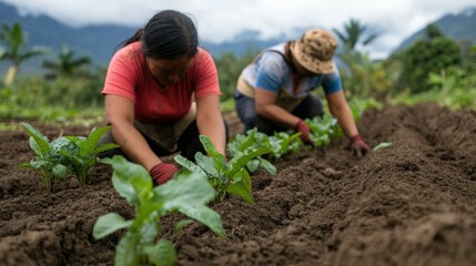 Farmers Working Together to Plant Saplings in a Deforested Area Demonstrating Hopeful Recovery Efforts and Ecological