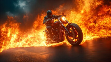Fototapeta premium photo of a motorcyclist with flames in the background