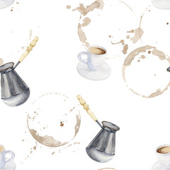 Watercolor seamless pattern with white ceramic cup of espresso coffee inside standing on white saucer and metal Turk with a wooden handle