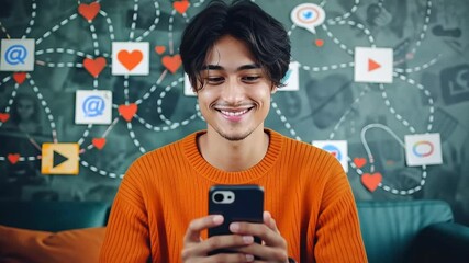 Digital communicator: content creator engaged with audiences using phone, laptop, microphone, sharing ideas, building connections, while enjoying excitement of growing online engagement and influence.