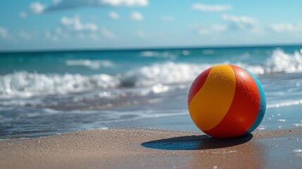 Obraz premium Bright beach ball resting on sandy shore with ocean waves and clouds in the background