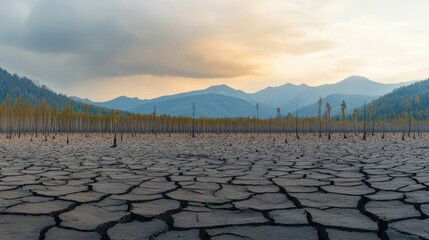 Fototapeta premium Dramatic transition from a lush verdant forest to a desolate barren wasteland landscape creating a stark visual contrast of destruction and environmental decay The haunting