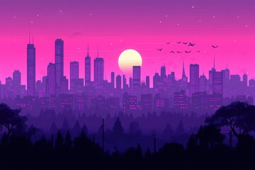 A vibrant, purple-hued city skyline at sunset, featuring silhouetted buildings and birds flying in a stunning twilight atmosphere.