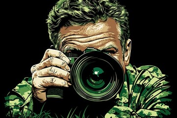 A soldier in camouflage captures a moment with a camera, blending photography and military themes in a striking, artistic style.