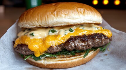 Delicious cheeseburger delight gourmet restaurant food photography indoor dining close-up view culinary experience
