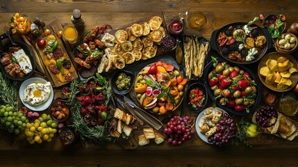 A grand table spread featuring gourmet dishes, fresh fruits, and a variety of appetizers arranged artistically.