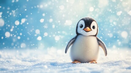 Obraz premium Cute baby penguin standing on snow with sparkling snowflakes in a winter wonderland