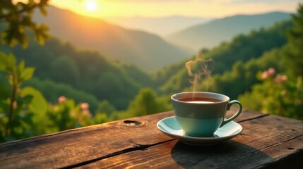 Serene Sunrise Tea Moment Warm beverage in a delicate cup, steaming gently on a rustic wooden surface, overlooking a breathtaking vista of rolling hills bathed in the golden light of dawn.