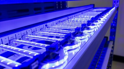 Close-up of a secure telecom server room with glowing blue lights, showcasing advanced cybersecurity technology and data protection infrastructure.