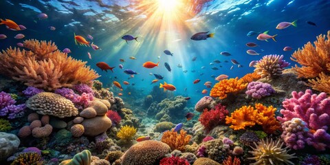 Vibrant Underwater Coral Reef with Colorful Fish and Sunlight