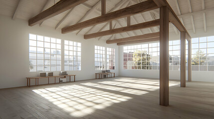 Fototapeta premium Sunlit loft interior, city view, wood beams, workspace
