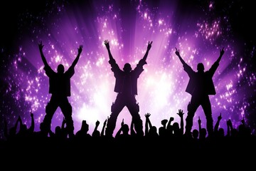 A vibrant concert scene featuring silhouetted performers against a dazzling purple light backdrop, capturing the energy of live music.