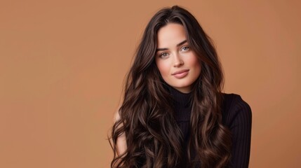 Naklejka premium Portrait of a smiling woman with long hair on a beige background fashion photography studio environment close-up view