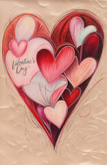 Artistic Valentine's Day heart illustration with multiple pink and red hearts arranged inside a large hand-painted heart on a beige textured background