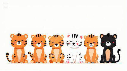 Naklejka premium Row of Cute Cartoon Tigers