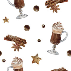 Watercolor seamless pattern with rish coffee with cream foam and cinnamon in a glass mug, cinnamon sticks, anises, coffee bubbles and stars