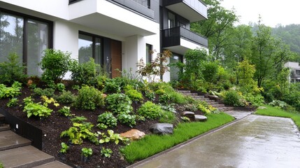 Modern hillside home, landscaped garden, rainy day, real estate