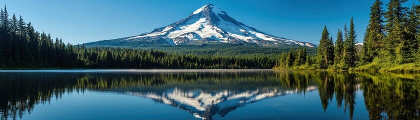 Breathtaking view of a snow-capped mountain mirrored in a serene lake, surrounded by lush evergreen trees, showcasing nature's tranquil beauty.