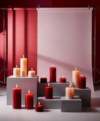 Arranged Red and White Candles on Modern Display with Pink Backdrop in Minimalistic Studio Setup