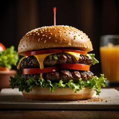 Gourmet cheeseburger with melted cheddar, lettuce, and tomato on a sesame seed bun, served with a refreshing drink.