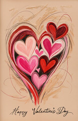 Hand-painted Valentine's Day heart illustration with multiple layered pink and red hearts on a beige textured background