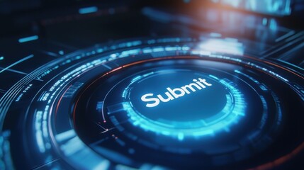 Futuristic submit button interface with blue glowing effects. Ideal for tech themes like web design, user interfaces, and digital interaction.