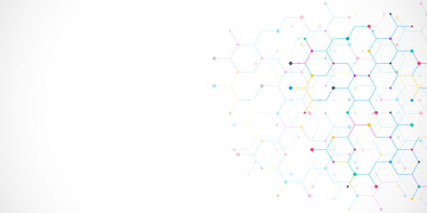 Genetic engineering and molecular structure, hexagon DNA network, science chemical and biotechnology concept, innovation technology, healthcare, and medicine design.