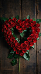 Heart-shaped arrangement of red roses with green leaves on a rustic wooden background, symbolizing love and romance.