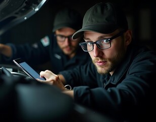 Mechanic using smartphone while working on car engine