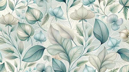 Elegant Botanical Line Art A Seamless Pattern of Delicate Leaves and Flowers in Soft, Muted Greens and Creams