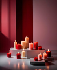 Stylish Red and White Candles on Geometric Pedestals Against a Pink and Red Gradient Backdrop
