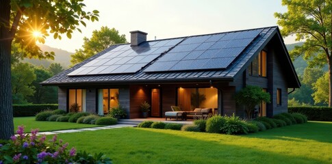 Modern Eco-Friendly Residence with Solar Panels on Roof at Sunset, Landscaped Yard and Lush Green Lawn