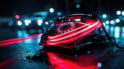Dynamic neon telephone urban nightscape modern art futuristic setting close-up conceptual design