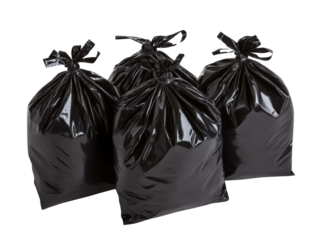 A close up image showing four large black plastic garbage bags tied at the top.