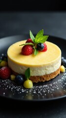 A delectable mini cheesecake, adorned with a vibrant array of fresh berries and a sprig of mint, presented on an elegant dark plate, creating a sophisticated dessert experience.