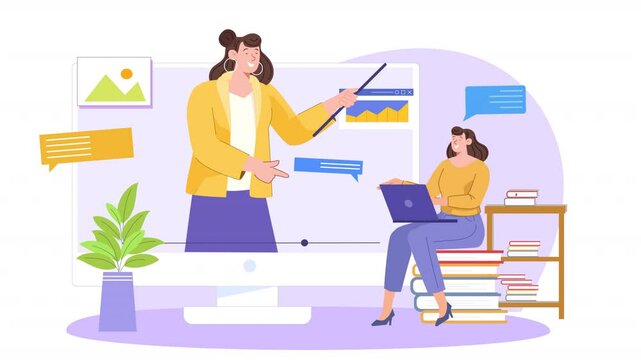 2D flat character scene animation depicting the process of computer education, with characters using technology to learn digital skills like coding, web design, and more.