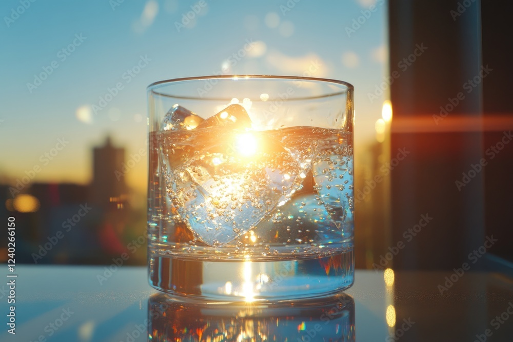 Wall mural a glass of sparkling water with ice cubes, backlit by the setting sun, creating a warm and inviting 