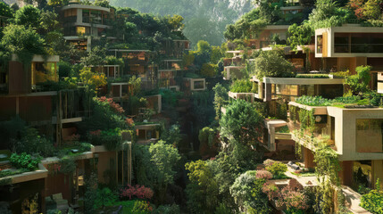 Obraz premium Eco friendly homes nestled in lush urban residential area, surrounded by greenery and gardens, showcasing sustainable architecture and nature integration