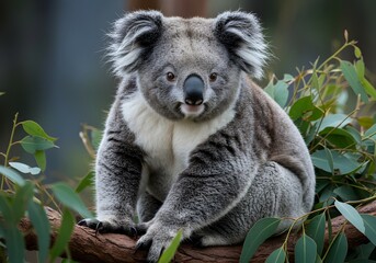 Naklejka premium Adorable Koala on Eucalyptus Branch: Serene Wildlife Portrait