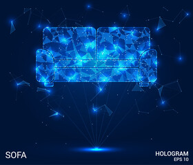 Sofa hologram. Sofa is made of polygons, triangles, dots, and lines. Sofa is a low-poly compound structure. Technology concept vector.