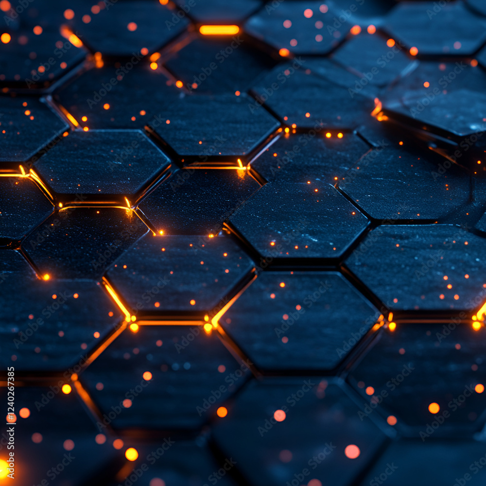 Poster geometric hive: illuminated pattern with hexagonal tiles, creating a mesmerizing blend of technology
