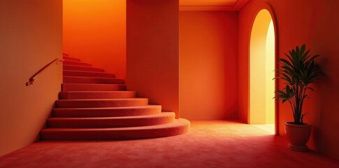 Obraz premium A vibrant orange interior showcasing a curved carpeted staircase and an arched doorway, illuminated by warm sunlight
