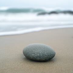Solitude by the Sea: A smooth, grey sea stone rests serenely on a sandy beach, the gentle waves of the ocean softly lapping in the background, creating a tranquil and peaceful scene.