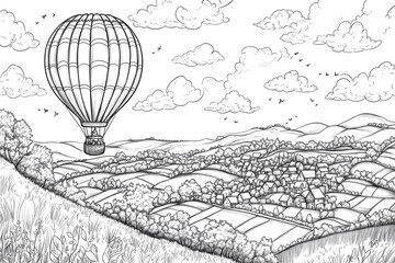  hot air balloon floating in the sky above a small town. Coloring book page. 