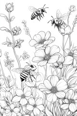 drawing of three bees flying over a field of flowers. The bees are in the foreground and the flowers are in the background. Coloring book page. 